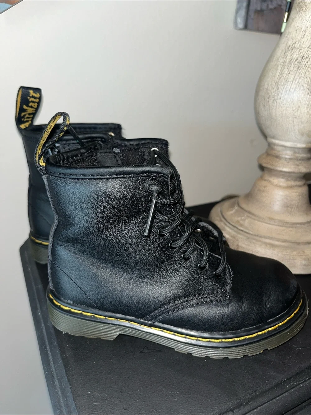 Dr. Martens Kids Black Leather Lace-Up Boots Yellow Stitching, Sz 9